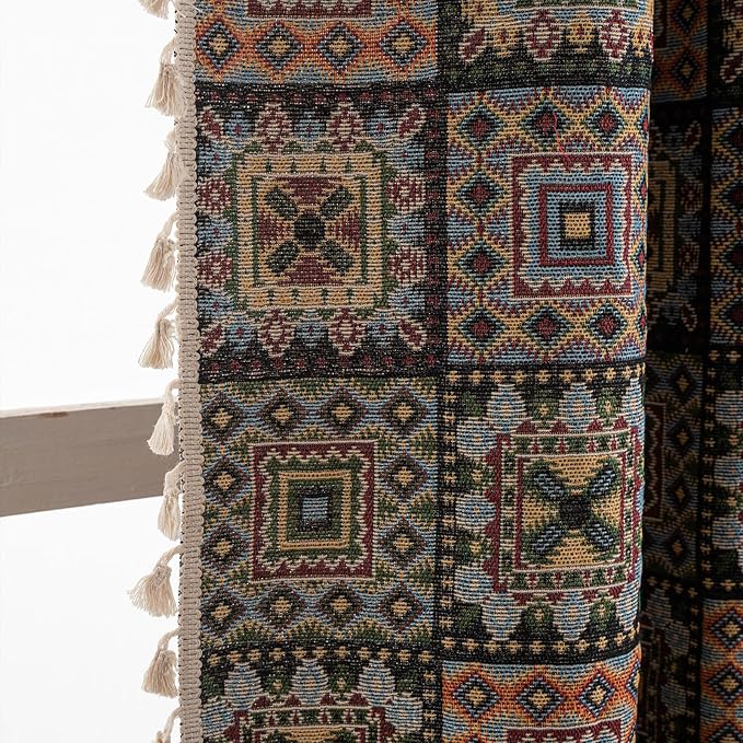ENJOYBRIDAL Patchwork 84 Inch Curtains for Bedroom Living Room Drapes Jacquard Bohemian Semi Sheer Floor Length Window Curtains 2 Panel Sets Vintage Geometric Black Rod Pocket Boho Window Treatments