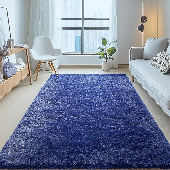 OLANLY 5x6 Area Rugs for Living Room Bedroom, Machine Washable Soft Fluffy Shaggy Bedside Rug, Indoor Floor Carpet for Kids Girls and Boys, Dorms, Nursery Rooms, Home Decor Aesthetic, Navy Blue