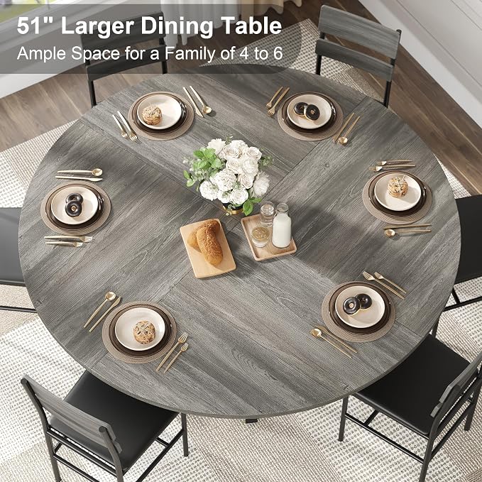 knoworld 51'' Round Dining Table, Kitchen Tables Dining Room Circle Dinner Table with Pedestal Metal Frame, Space Saving Wood Industrial Kitchen & Dining Room Tables, Grey 51In