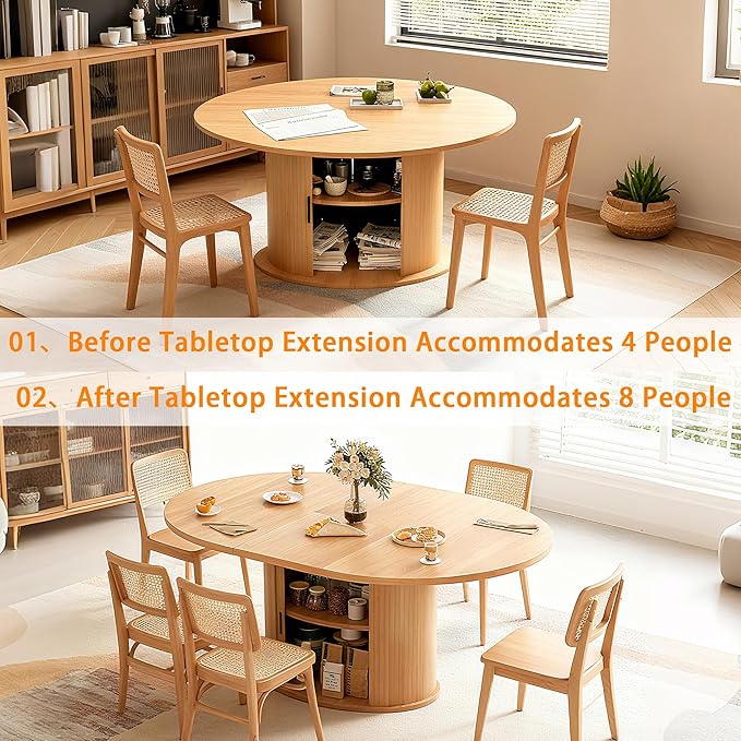 Wildhome Extendable Round Dining Table for 2-4-6, 63 Inch Dining Room Kitchen Table with 2-Tier Storage Shelf, Modern Farmhouse Fluted Wood Slide Door Dinner Furniture,Oval Circle (Oak-63 Inch)
