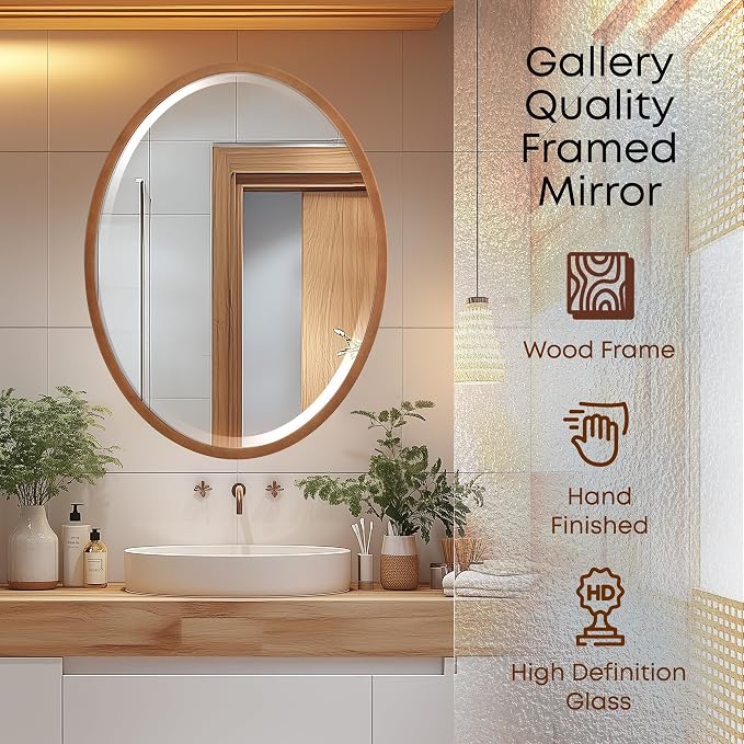 OVALCREST - Oval Wooden Beveled Wall Mirror for Home Decor, Bathroom, Vanity, Bedroom, Living Room, Hallway - London Style (Sunset Gold) 29.1 x 23.1