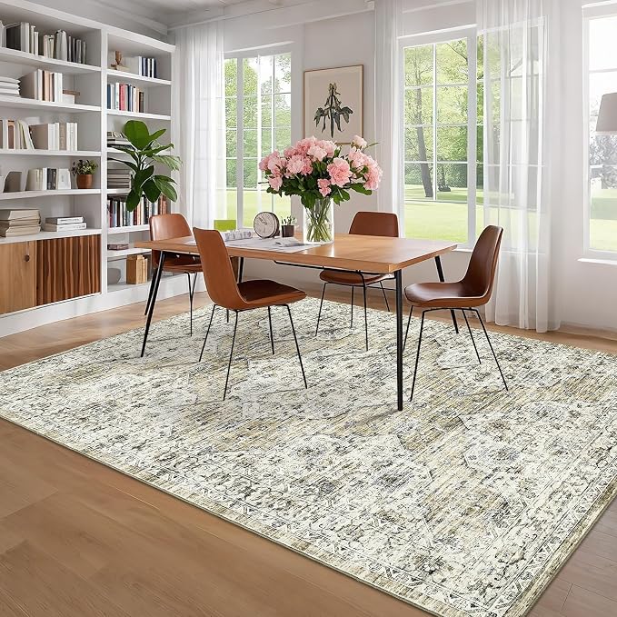 Washable 9x12 Boho Vintage Area Rugs for Living Room Non-Slip Distressed Large Rugs for Bedroom Dining Nursery Neutral Oriental Throw Thin Foldable Carpet for Playroom Vintage Carpet, Brown Yellow