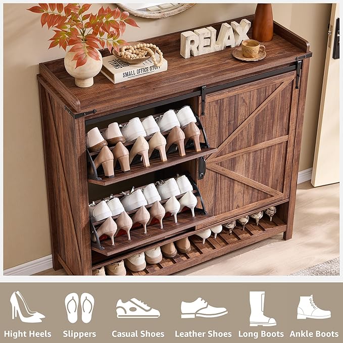 OKD Shoe Storage Cabinet with 2 Flip Drawers & Sliding Door, Farmhouse Entryway Shoe Organizer, Freestanding Rustic Hidden Shoe Rack Cabinet for Entryway, Rustic Walnut