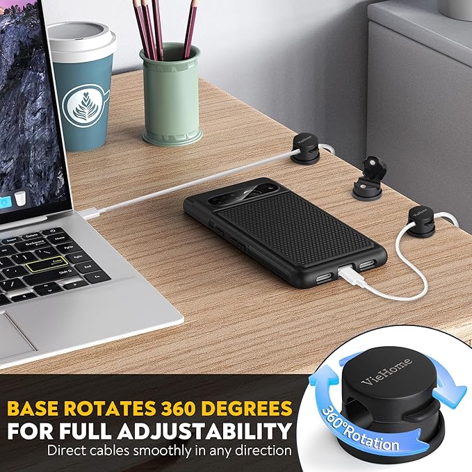 8 Pack Magnetic Cable Management Clips - Ideal Cord Holder for Nightstand, Desk, Charger Holder - Phone Cord Holder w/360 Rotation