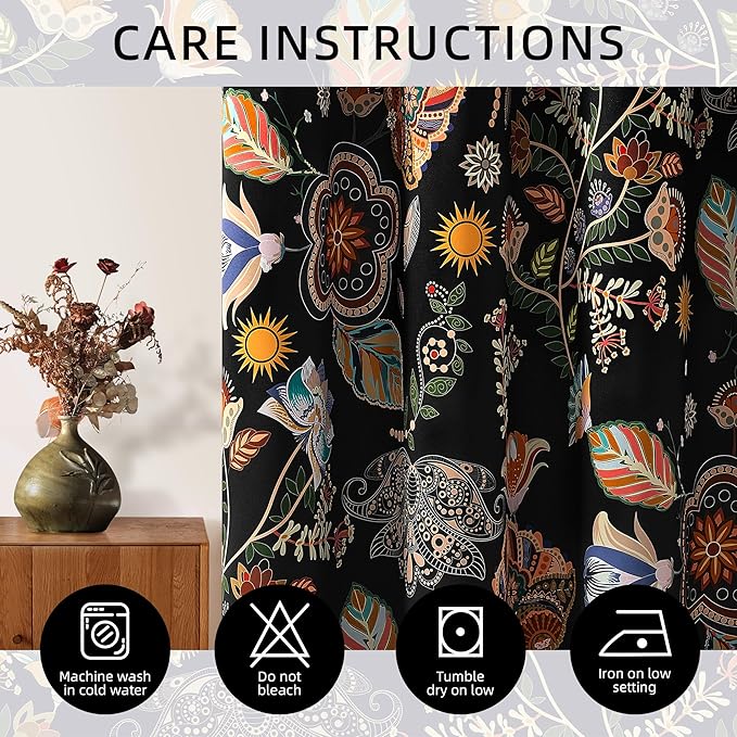 XiDi Black Floral Curtains 90 Inches Long for Living Room Bedroom 2 Panels Blackout Patterned Curtains Decorative Thermal Insulated Luxury Vintage Dark Flower Botanical Printed Grommet Drapes 52x90