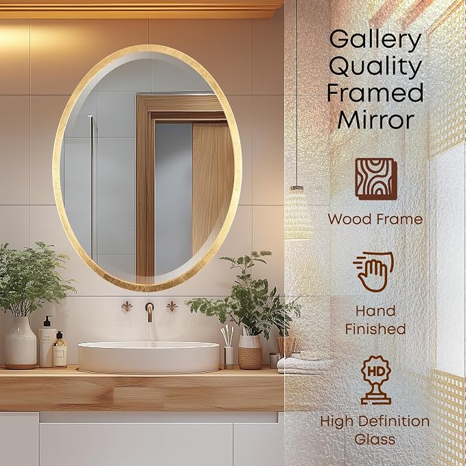 OVALCREST - Oval Wooden Beveled Wall Mirror for Home Decor, Bathroom, Vanity, Bedroom, Living Room, Hallway - London Style (Gold Leaf) 17.1 x 13.1