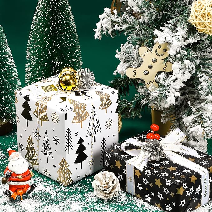 MAYPLUSS Wrapping Paper Roll - Mini Roll - 17 inch X 120 inch Per roll - 3 Different Christmas Black Gold Design (42.3 sq.ft.ttl)