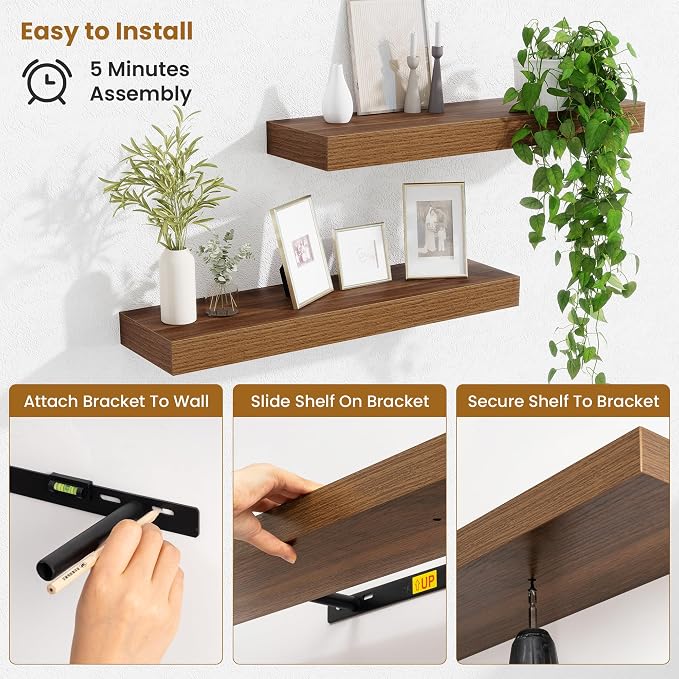 Fun Memories Floating Shelves Set of 2, 24 Inch Floating Shelves for Wall, Wood Wall Shelves with Invisible Brackets, for Bathroom, Bedroom, Living Room, Kitchen, Walnut