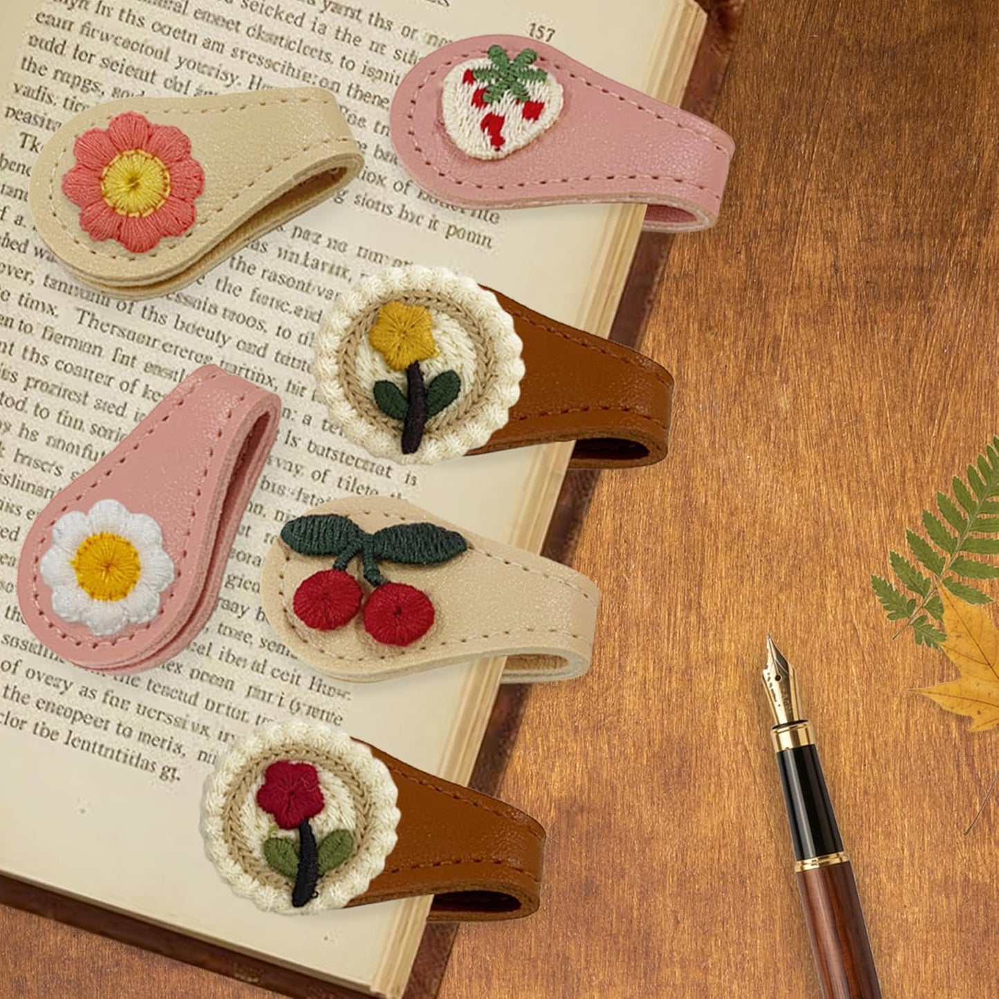 Skiennix Magnetic Leather Bookmark Set - 6 Pcs Embroidery Clips for Book Lovers | Stylish Reading Accessories