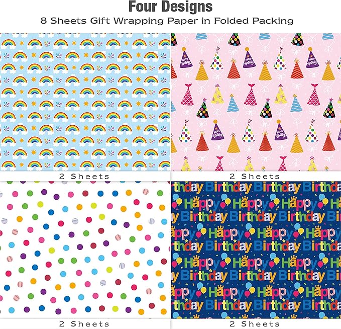 Birthday Wrapping Paper Sheet - 8 Sheets Folded Flat Gift Wrap with Colorful Hat, “Happy Birthday” Lettering, Rainbow with Clouds, Polka Dots for Party, Baby Shower - 20 X 28 Inch Per Sheet