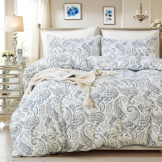 100% Cotton Duvet Cover Sets King Size, 3 Pieces Reversible Soft Bedding Sets,Blue Floral Paisley Comforter Cover, Breathable, Lightweight, All Season