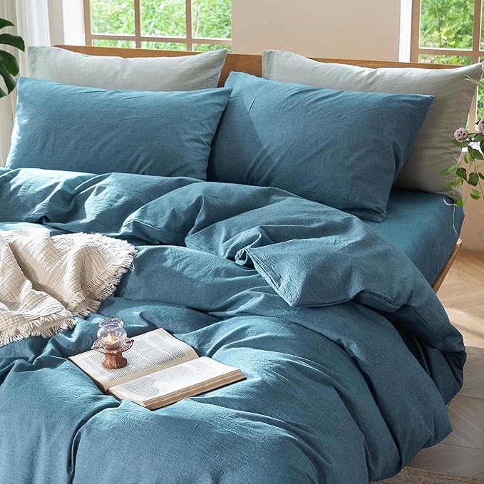 MooMee Bedding Duvet Cover Set 100% Washed Cotton Linen Like Textured Breathable Durable Soft Comfy (Heathered Peacock Blue, Oversized Queen 98"x98")