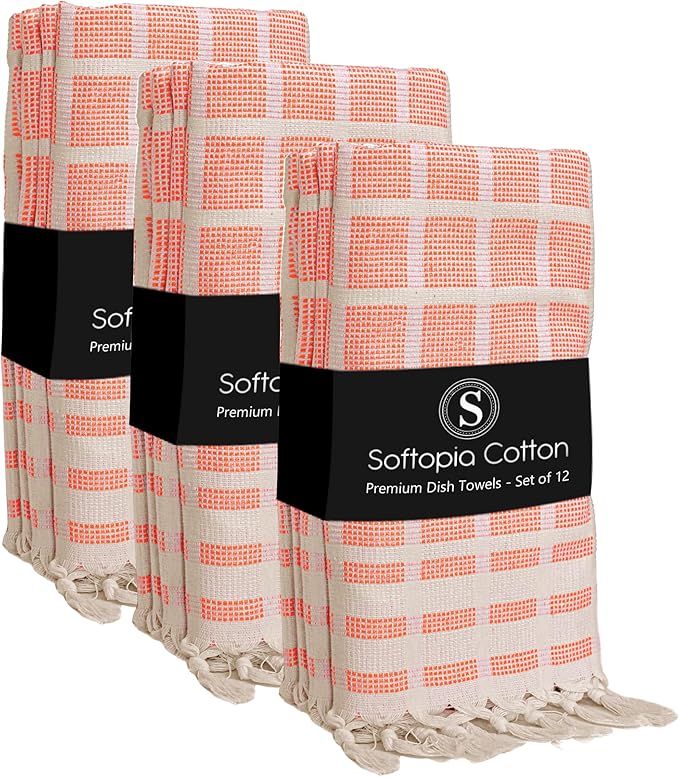 Matrix Dobby Kitchen Towels 12 Pack 100% Cotton, 16x26 Inches, Decorative Tea Towels with Handmade Tassels, Absorbent, Reusable Dish Cloths for Drying Dishes - Bright Orange, Natural