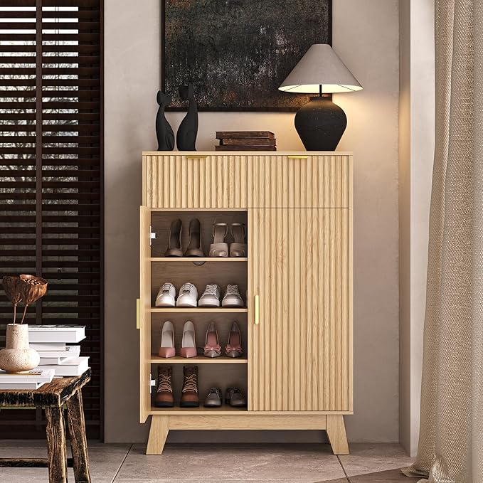 BOXACTION Fluted Shoe Cabinet, 4-Tier Mid Century Modern Narrow Shoe Storage Cabinet with Doors & 2 Drawers, Adjustable Shelves, Freestanding Hidden Shoe Rack Organizer & Wooden Legs for Entryway