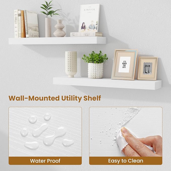 Fun Memories Floating Shelves 30 Inch, Wall Mounted Wood Shelf Set of 2, Farmhouse Decor for Bathroom, Bedroom, Kitchen, Living Room, White