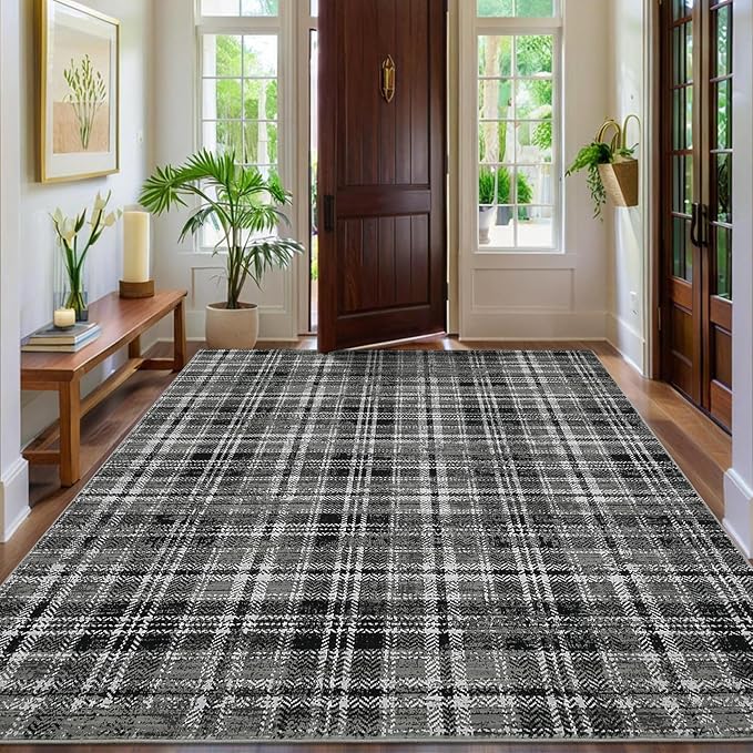 Washable Area Rug 3x5 Plaid Entryway Rug with Non Slip Rubber Backing, Farmhouse Soft Low Pile Rustic Stain Resistant Accent Rug for Living Room Bedroom Playroom
