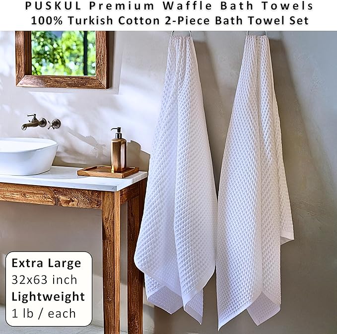 PÜSKÜL 2-Piece White Waffle Bath Towels for Bathroom | Natural 100% Turkish Cotton Towel | Soft Absorbent Quick-Dry Lightweight 32x63 Extra Large Turkish Bath Sheet (White Bath Towels - Pack of 2)