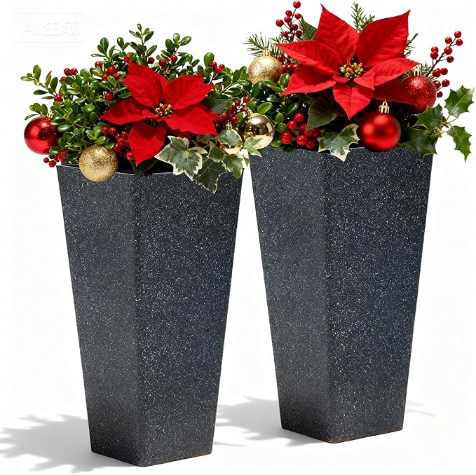 28" Plant Pots Tall Planters for Plants Outdoor Set of 2 Plastic Planter Pot Large Flower Pots Indoor Weather-Resistant for Patio, Porch, Garden, Front Door Christmas Decor Terrazzo Black