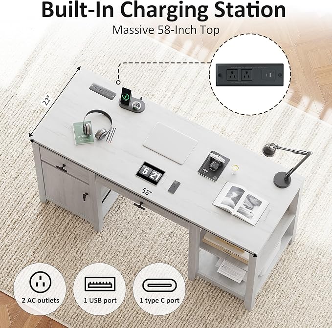 58" Executive Desk with Foldable Keyboard Tray and Charging Station, Farmhouse Wood Home Office Desk with Drawers and Magazine Rack, Large Writing Computer Desk for Home Office and Study, White