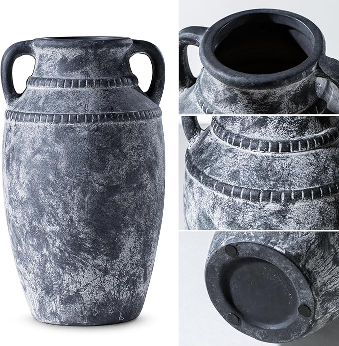 Farmhouse Rustic Ceramic Vase with Handles, 11 inch Gray-White Textured Modern Terracotta Vintage Vases for Home Decor Centerpieces Table Pottery Barn Furniture Decorative (Tall - C)