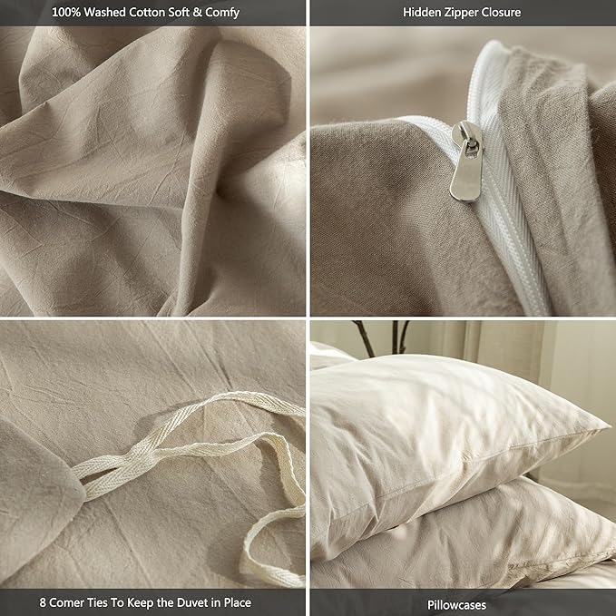 MooMee Bedding Duvet Cover Set 100% Washed Cotton Linen Like Textured Breathable Durable Soft Comfy (Solid Light Camel, Super Queen 90"x98")