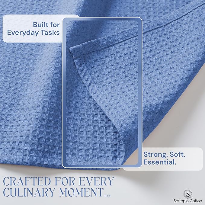 Sky Blue Kitchen Dish Towels Set of 12-100% Cotton Waffle Weave, Super Absorbent, Soft, Quick Drying, 16x26 Inches, Ideal for Cleaning, Bar, Tea, and Everyday Use, Light Blue