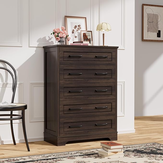 YESHOMY Tall Dresser for Bedroom, Farmhouse 5 Drawers Dresser, Chest of Drawer Chest, Multi-Tier Clothing Storage Cabinet, Brown