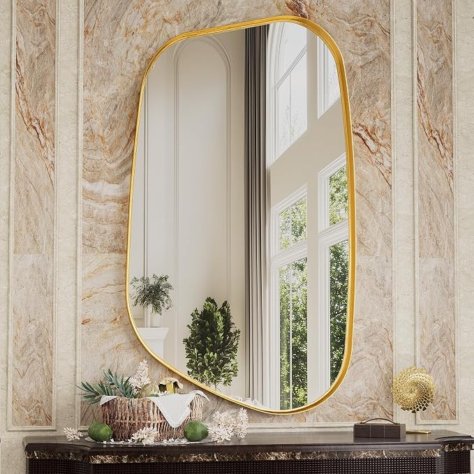 Irregular Wall Mirror 55"x28" Bathroom Mirrors Asymmetrical Artistic Decorative for Living Room Bedroom Bathroom Hallway Entryway,Trapezoid,Gold