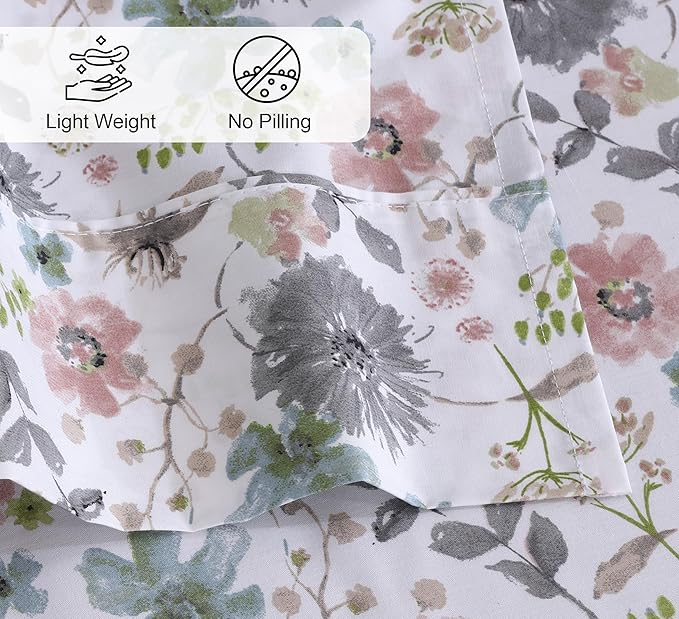 RUVANTI 100% Cotton Sheets Queen Size Set, 4 Pieces, Soft & Breathable Percale Weave Bedding, Deep Pocket 16", Hotel Standard, Crisp Cool Feeling, Durable, Perfect Floral Bed Sheet, Dandelion Field