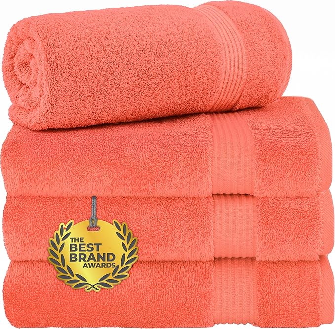 Cotton Paradise 4 Piece Turkish Bath Towels for Bathroom, 100% Cotton Extra Large Soft Plush Towels Bathroom Set, Coral