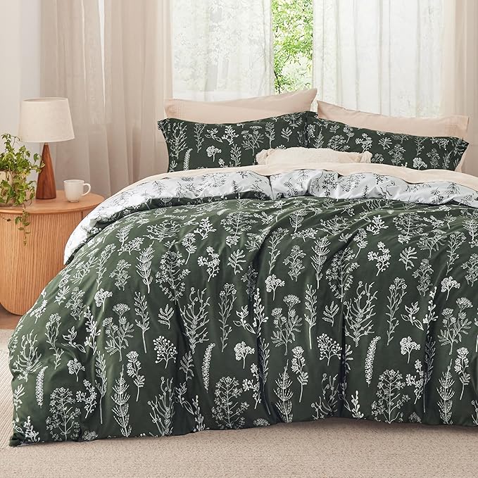 Bedsure Full Comforter Set - Dark Olive Green Bed Set, 3 Pieces Cute Floral Bedding, 1 Soft Reversible Botanical Flowers Comforter and 2 Pillow Shams
