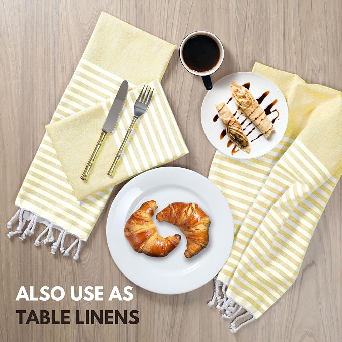 Turkish Kitchen Towels 18x26 Inches with Tassels - 4 Pack - Ultra Absorbent, Durable, Soft 100% Cotton Dish Towels for Drying & Cleaning - Machine Washable, Quick-Dry - Lemon Yellow