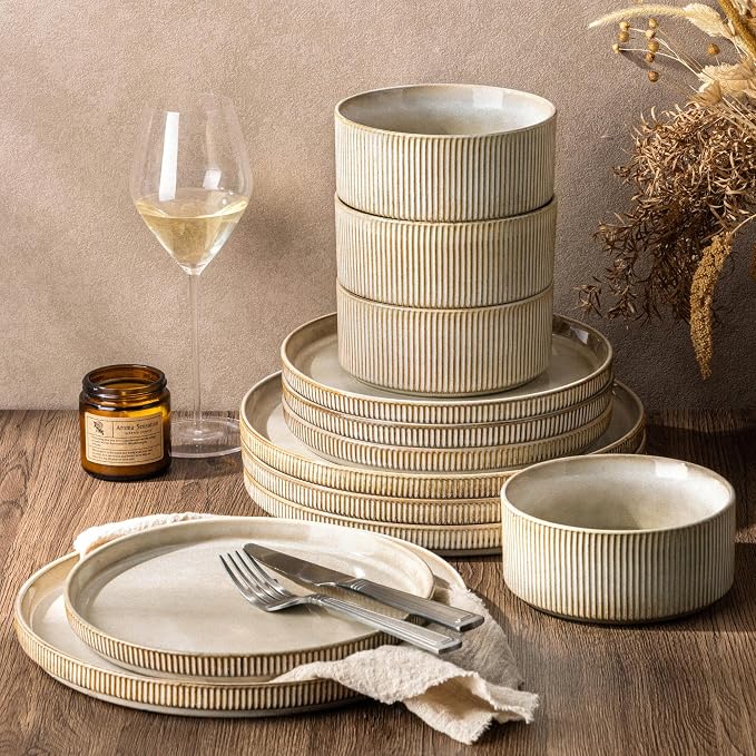 GBHOME 12-Piece Stoneware Dinnerware Set for 4 – Ribbed Ceramic Plates and Bowls, Scratch-Resistant, Microwave & Dishwasher Safe, Reactive Glaze, Cappuccino