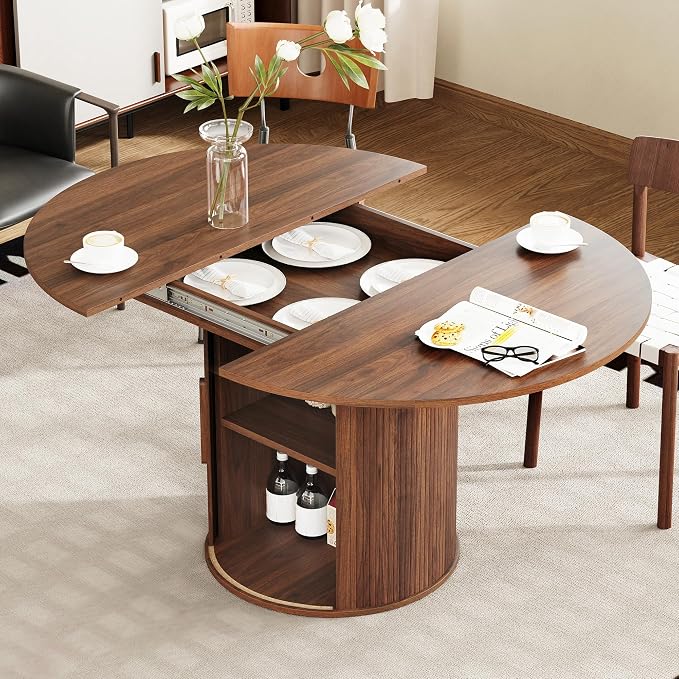weselon 43"-59" Extendable Round to Oval Dining Table with Hidden Storage, Modern Wooden Kitchen Table with Fluted Sliding Door Cabinet, Expandable Dinner Table for Dining Room Living Room (Walnut)