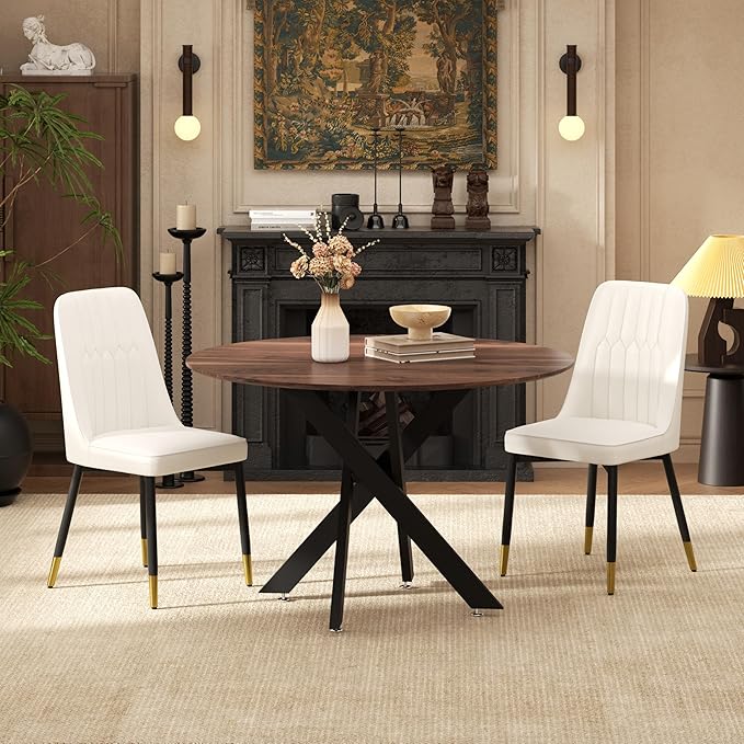 RGZ Mid Century Walnut Round Dining Table Set for 2, 36" Small Wooden Circle Kitchen Table & 2 White PU Leather Kitchen Chairs, Dinner Table Set for Home, Apartment, Dining Room
