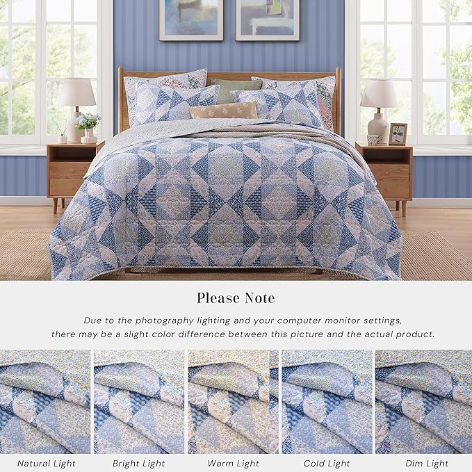 Quilt Set King Size, Patchwork Blue Marigold Floral Quilt Sets, Reversible Bedspread Lightweight and Breathable for All Seasons, Soft Quilted Bedspread with 2 Pillow Shams