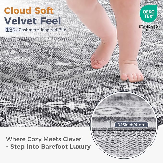 OPPODREAM Vintage Grey 2x8 Runner Rug, 2 x 8 Retro Washable Rug Non Slip, Low-Pile Faux Wool Carpet, Distressed Gray Floor Mat for Kitchen, Hallway, Entry-Way, Entrance, Indoor Back Door