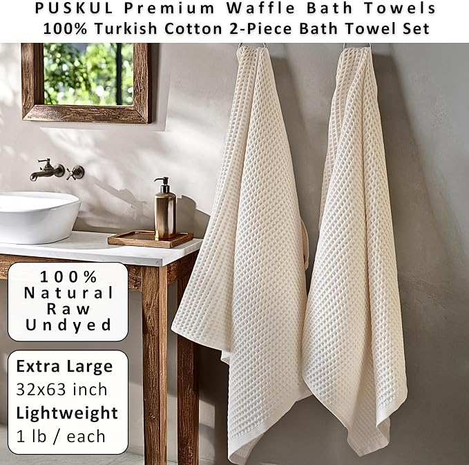 PÜSKÜL Undyed-Raw Waffle Bath Towels Set of 2-Piece | Organic Natural 100% Turkish Cotton Towel | Premium Quality Body Towels for Bathroom & Sauna | 32x63 inch Large Bath Sheet | Earthy Spa Experience
