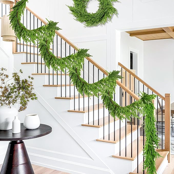9 Ft Christmas Norfolk Pine Garland Real Touch Artificial Faux Greenery Christmas Garland Decorations for Home Mantle Table Fireplace Stairs Door Indoor Outdoor Holiday Decor