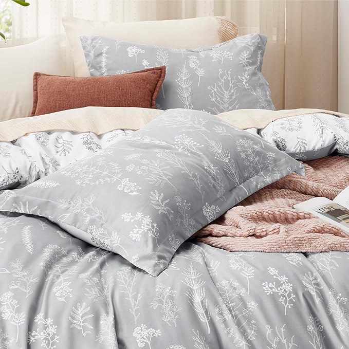 Bedsure Twin/Twin XL Duvet Cover - Reversible Grey Duvet Cover Set with Zipper Closure, 2 Pieces Cute Floral Patterned Bedding Set with 8 Corner Ties and 1 Pillow Sham