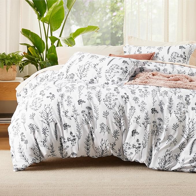 Bedsure Duvet Cover Queen Size - Reversible White Queen Duvet Cover Set with Zipper Closure, 3 Pieces Floral Patterned Bedding Set with 8 Corner Ties and 2 Pillow Shams