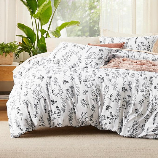 Bedsure Duvet Cover Queen Size - Reversible White Queen Duvet Cover Set with Zipper Closure, 3 Pieces Floral Patterned Bedding Set with 8 Corner Ties and 2 Pillow Shams