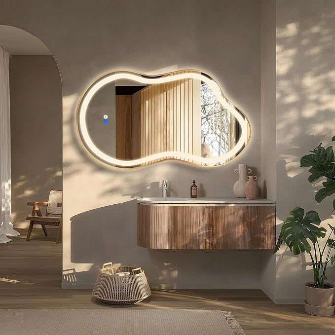 Dorlicecass Irregular Led Bathroom Mirror- Gold 20"x36" Single Piece Vanity Mirror with Lights IP54 Enhanced Anti-Fog, 3 Colors Dimmable, Memory,Tempered Glass,UL Listed
