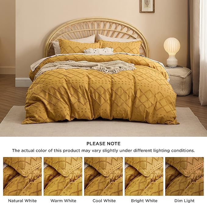 Bedsure Boho Duvet Cover Queen Size,Mustard Yellow Breathable & Soft Boho Bedding, Machine Washable Comforter Cover for All Seasons, Includes 1 Duvet Cover 90"x90" with 2 Pillow Shams & Zipper Closure