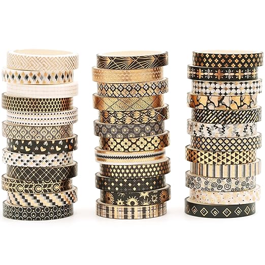 Songdao 36 Rolls Skinny Washi Tape Set Gold Foil Detailing Arts Adhesive Tapes Basic Patterns Decorative Masking Tape Sets for Craft, Kids, Scrapbook, DIY, Gift Wrapping (Black & Gold)