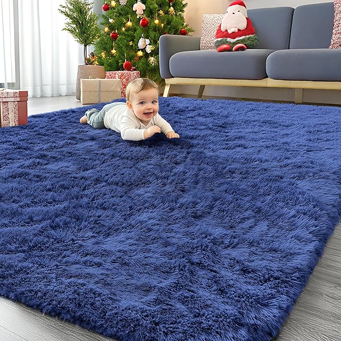 OLANLY 8x12 Machine Washable Large Area Rugs for Living Room, Bedroom, Soft Fluffy Shaggy Bedside Rug, Indoor Floor Carpet for Kids Girls and Boys, Dorms, Nursery, Home Decor Aesthetic, Navy Blue