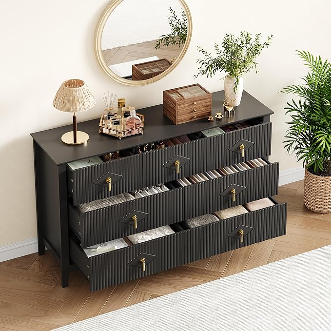 GarveeHome Fluted Dresser for Bedroom, 54 Inch Wide 7-Drawer Wood Dresser, Modern Chest of Drawers, Storage Organizer Cabinet for Living Room, Hallway, Entryway, Black