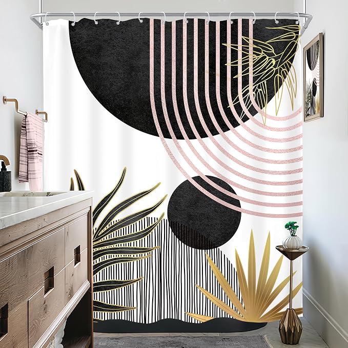 KOMLLEX Mid Century Black Pink Boho Shower Curtain for Bathroom Decor Abstract Modern Sun Minimalist Aesthetic Arch Curve Leaves Geometric Neutral Fabric Waterproof Polyester 12 Pack Hooks 60Wx71L