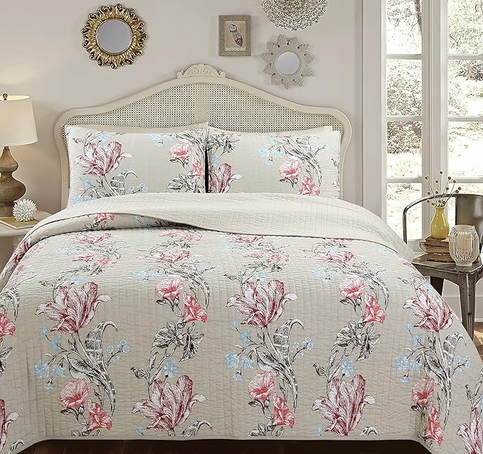 Cozy Line Home Fashions Taupe Khaki Floral Blooming 100% Cotton Reversible Quilt Bedding Set, Coverlet, Bedspread (Taupe Blooming, Queen - 3 Piece)