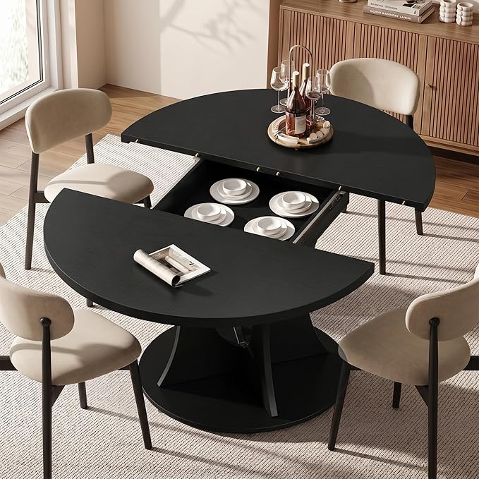 Einhomn 43-59" Extendable Round Dining Table, Kitchen Table for 4-8, Farmhouse Circle Dining Room Table with Removable Leaves,Hidden Storage, Space Saving Wood Kitchen & Dining Room Furniture, Black